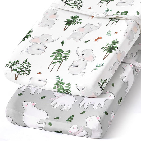 BROLEX Changing Pad Covers for Baby: Boy Girls Ultra Stretchy Soft 2 Pack, Elephants Bears