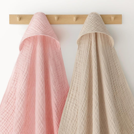 Looxii Baby Bath Towels 2 Pack Muslin Hooded Baby Towels for Newborn and Infants, 100% Cotton, Large 32x32Inch, Soft and Absorbent Beige+Pink