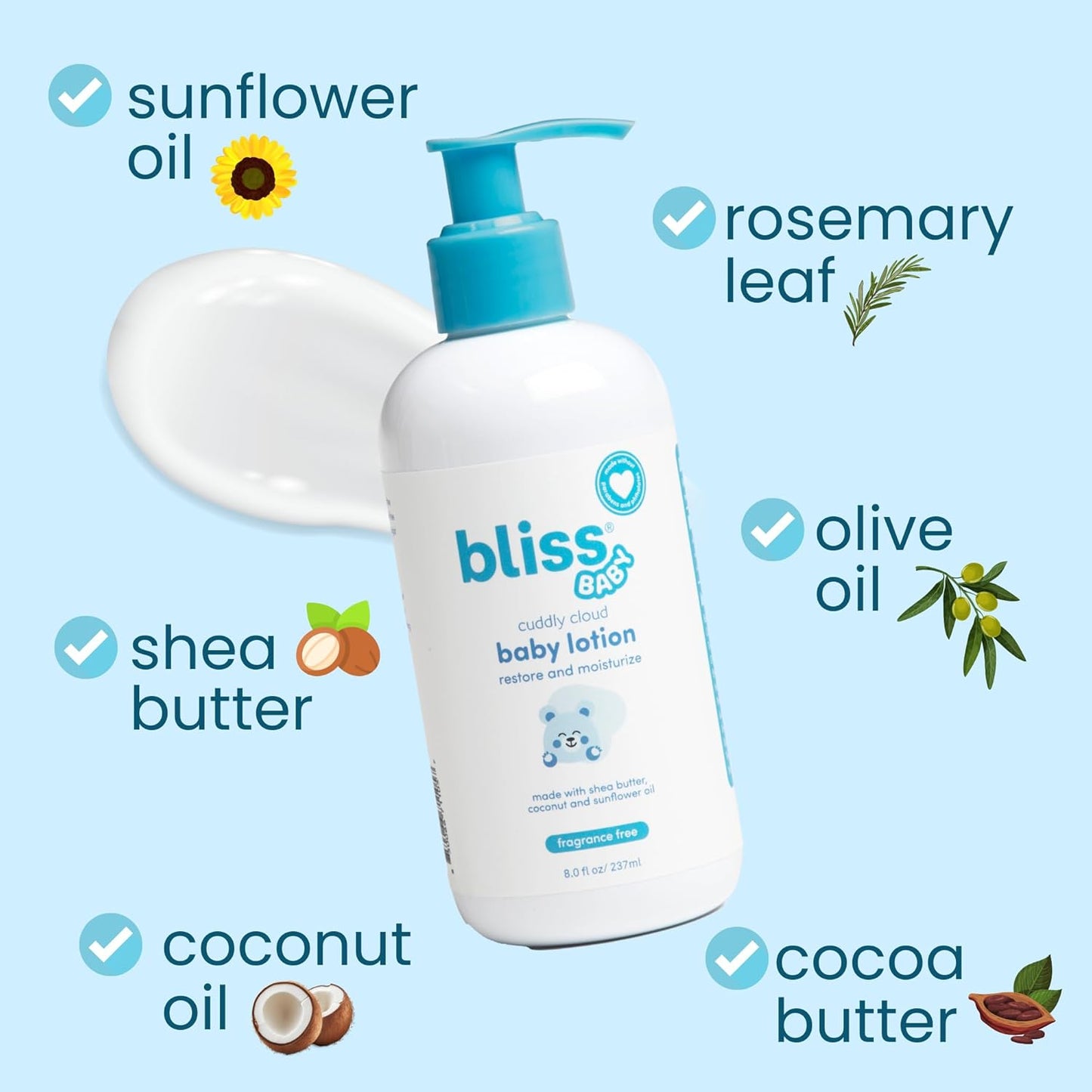 Bliss Baby Lotion, Premium & Unscented, For Dry & Sensitive Skin, Hydrating Daily Cream - For Babies, Toddlers, Kids & Adults, Vegan, Hypoallergenic, Dermatologist Tested, Clean & Gentle, 8 fl oz.