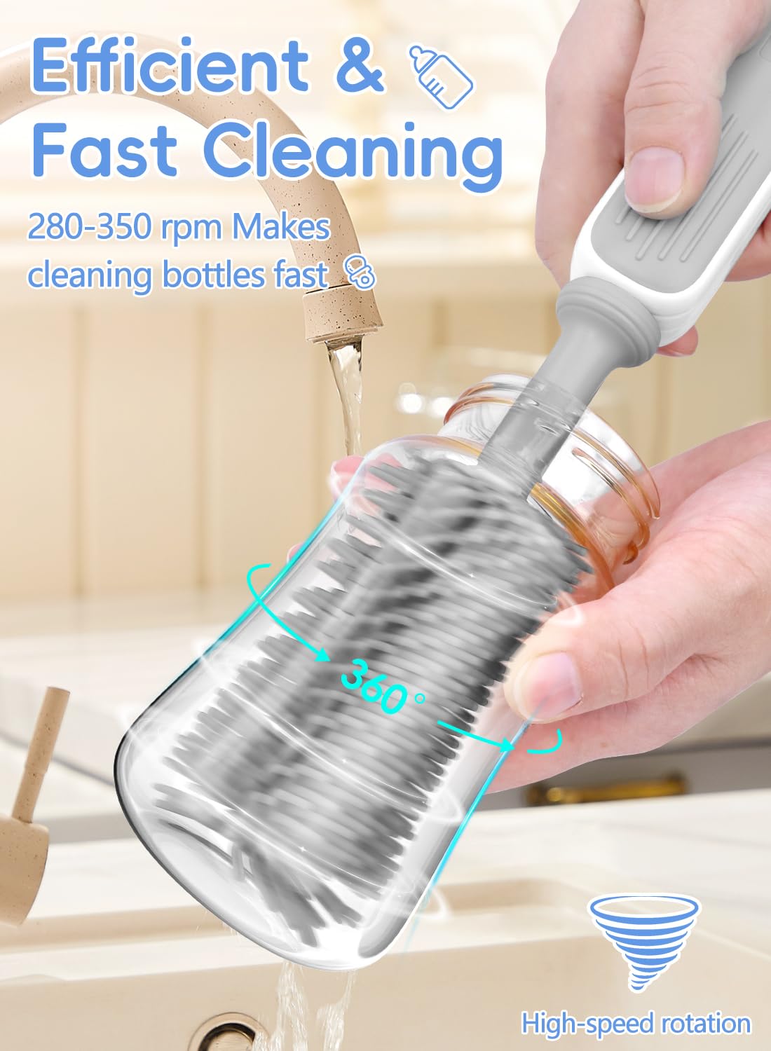 Electric Baby Bottle Brush Cleaner - Baby Bottle Brush Travel Essential, Safe BPA-Free Silicone, One Button 360° Efficient Cleaning, Long-Lasting 2000 mAh Battery, Storage Box for Travel (Grey)