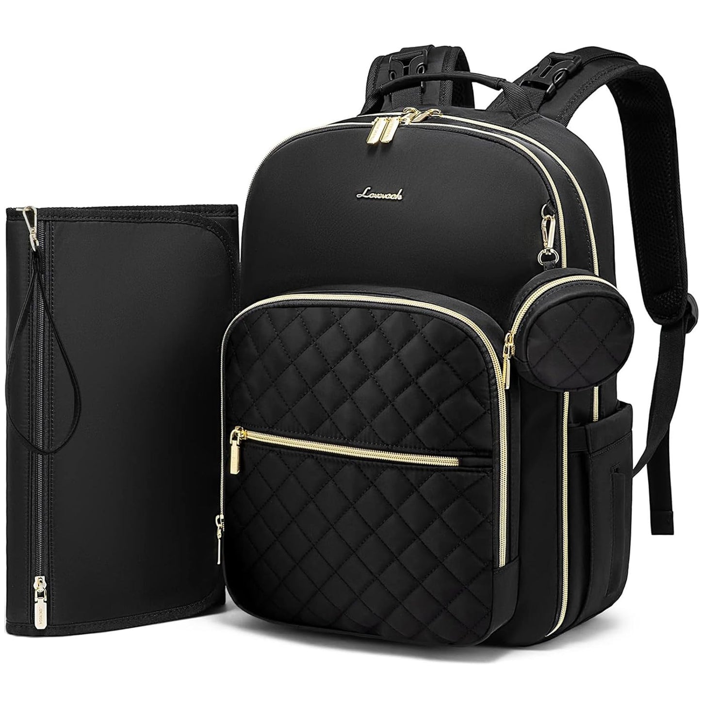 LOVEVOOK Diaper Bag Backpack, Quilted Baby Bag with Changing Pad & Pacifier Holder, Waterproof Travel Diaper Bags for Baby Boys Girls, Stylish and Large Capacity, Lozenge-Black