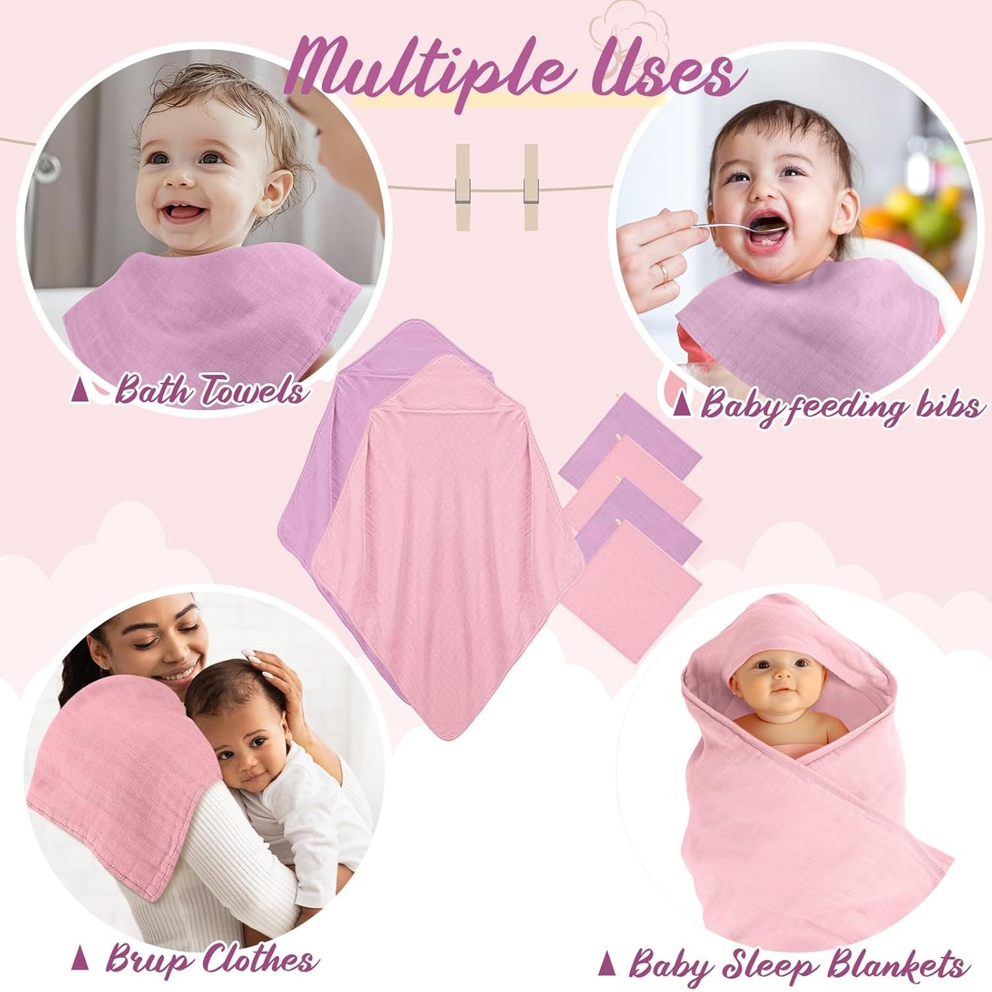 Preboun 6 Pcs Muslin Hooded Baby Towels and Washcloths 32"x 32" Cotton Newborn Bath Towel Anti-Shrink Infant Baby Blankets with Hood 12"x 12" Washcloths for Girl Boy Toddler(Light Pink,Purple)