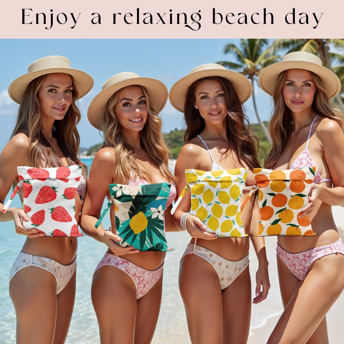 4 Pack Wet Bag for Swimsuit, Beach Travel Essentials Wet Dry Bag, for Sunscreen Toiletry Dirty Clothes Yoga Gym Diaper, Friend Summer Beach Vacation Gifts. Fruit Series