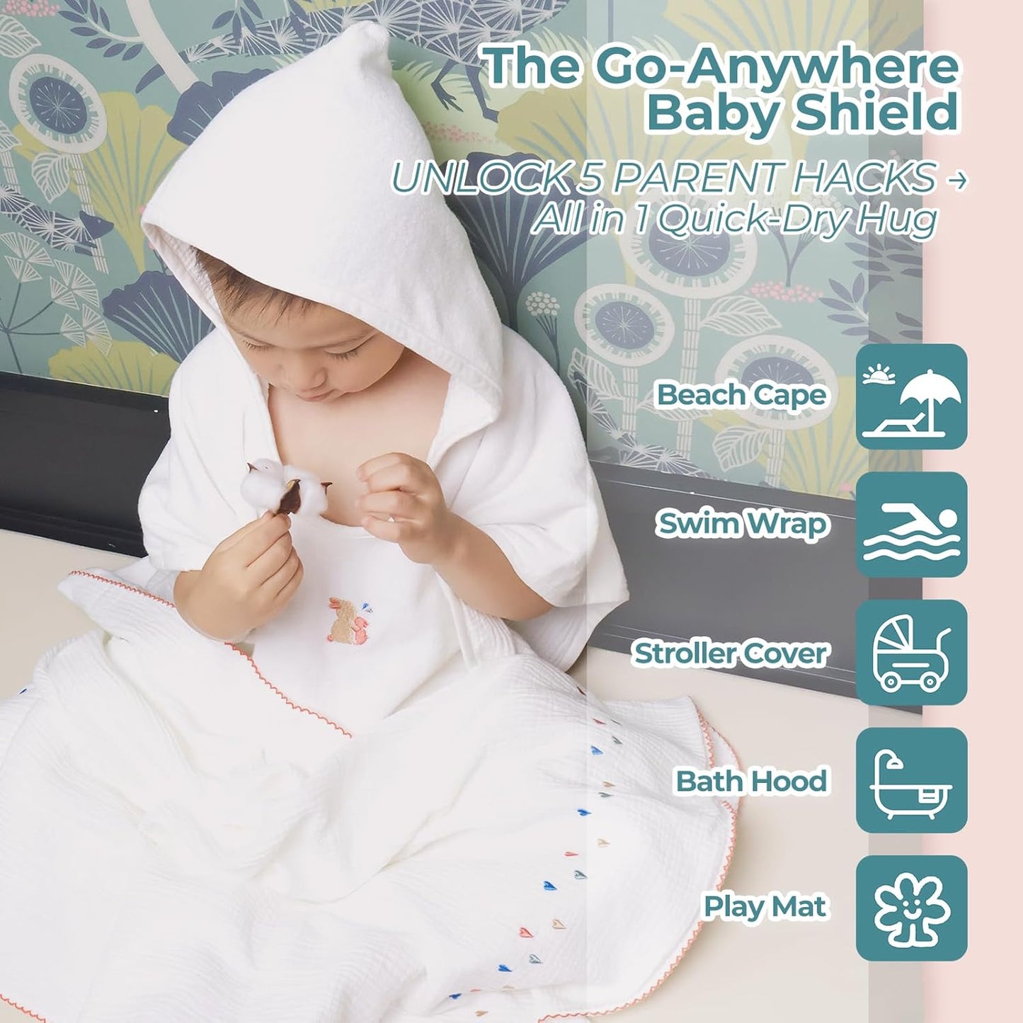 Poncho Muslin Towels for Kids Set of 6 for Embroidery,Baby Bath Towels with Muslin and Soft Terry Towel,24" x 24"Baby Beach Poncho with Seamless Pro Edge, Gifts for Boys and Girls
