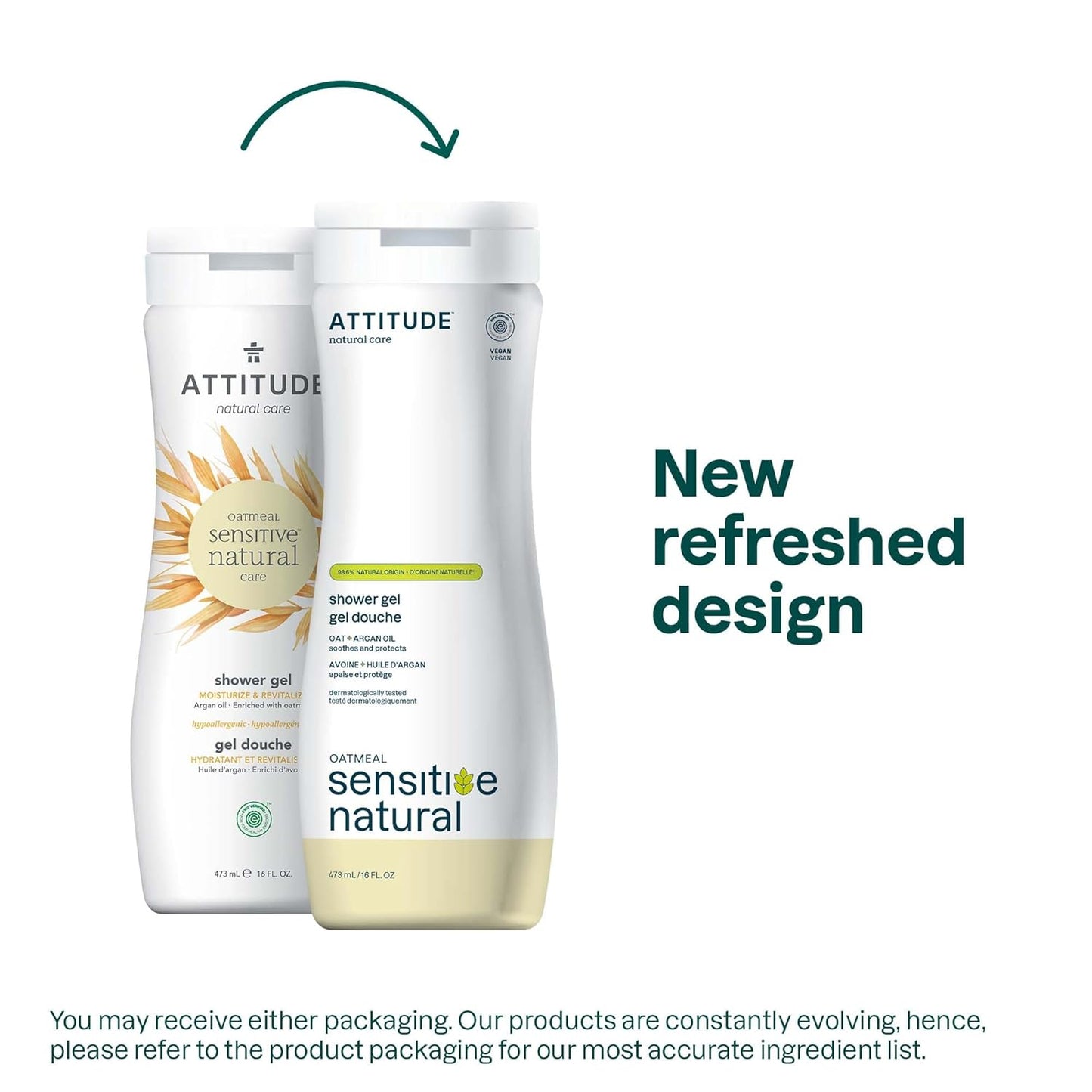ATTITUDE Body Wash for Sensitive Skin with Oat and Argan Oil, EWG Verified, Dermatologically Tested, Vegan, 16 Fl Oz