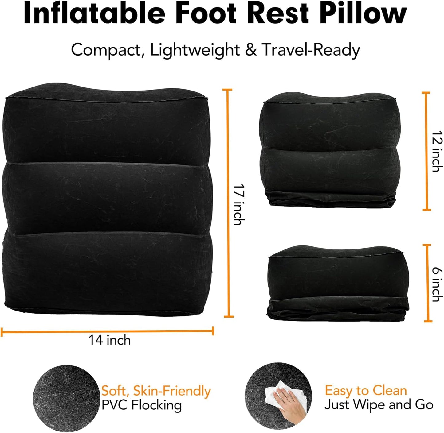 Inflatable Foot Rest Pillow for Travel, Adjustable Height Cushion Kids/Adults Airplane Travel Pillow, Suitable for Trains, Cars, Office, Home Comfort - Black