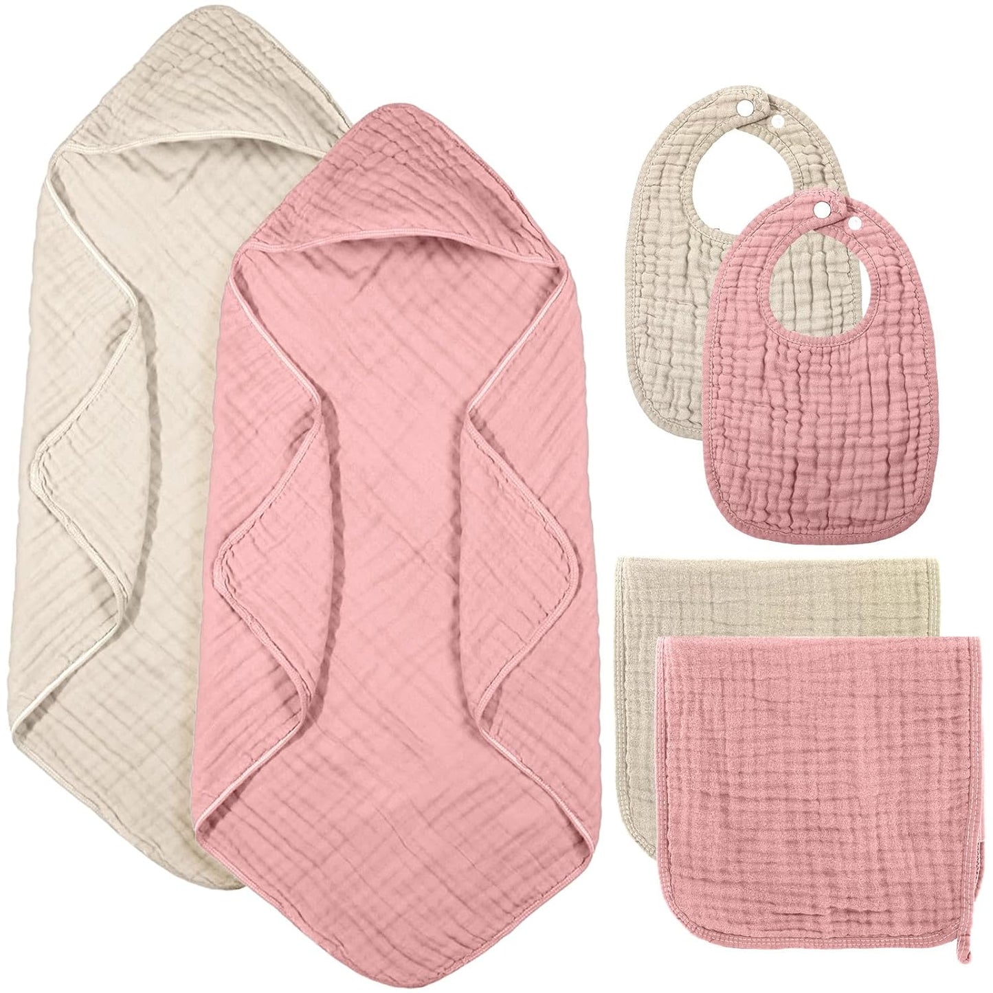 6 Pcs Muslin Hooded Bath Towels Washcloths and Bibs Set, Muslin Cotton Baby Towels Absorbent Hooded Blanket Towel Infant Bibs for Boys Girls Newborn Infant Essentials(Pink, Brown)