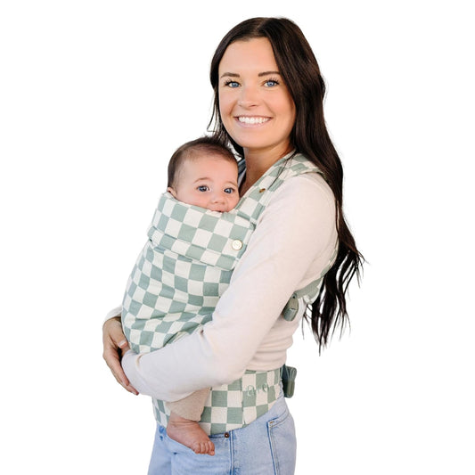 Ava & Oliver Essential Baby Carrier – Ergonomic, Hip-Healthy Soft Structured Carrier for Infants & Toddlers (7–35lbs) - Front and Back Carry, Breathable Fabric, Stylish & Lightweight (Olive Checker)