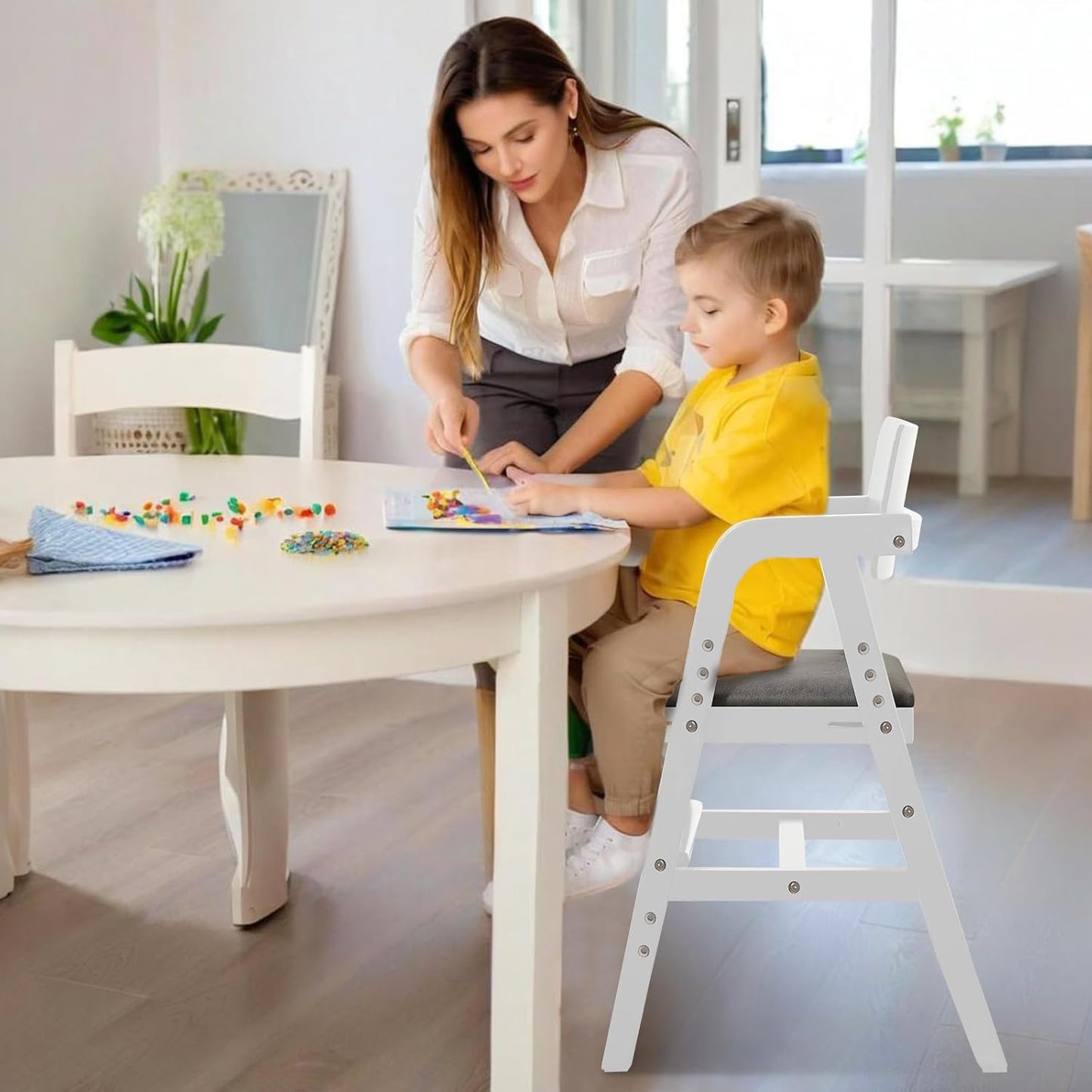 Wooden High Chair Baby Highchair, Portable HighChair for Babies & Toddlers, Adjustable and Convertible Kids Dining Chair with Removable Cushion, Easy to Clean, Water Resistant (White)