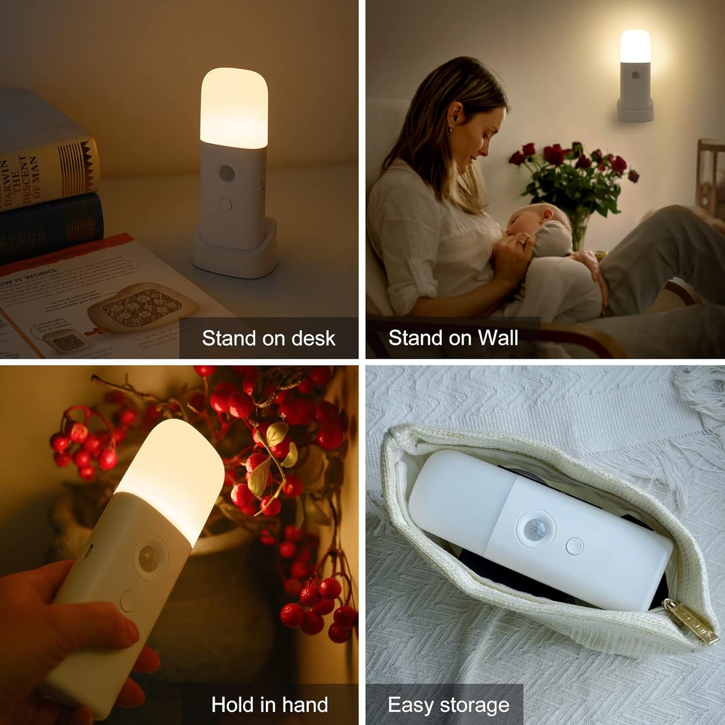 Motion Sensor Night Lights Indoor, Rechargeable Night Light Battery Powered, Portable Nightlight with Adjustable Brightness Activated Table Lamp for Kids, Adults(Cool White, 4Pack)