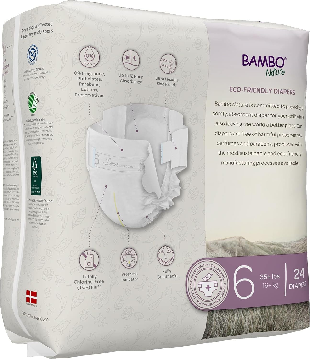 Bambo Nature Hypoallergenic Dream Baby Diapers, Premium Eco-Labeled Sustainable Diapers, Enhanced Leakage Protection, Totally Chlorine-free, Skin Friendly, and Super Absorbent - Size 6 (72 Count)
