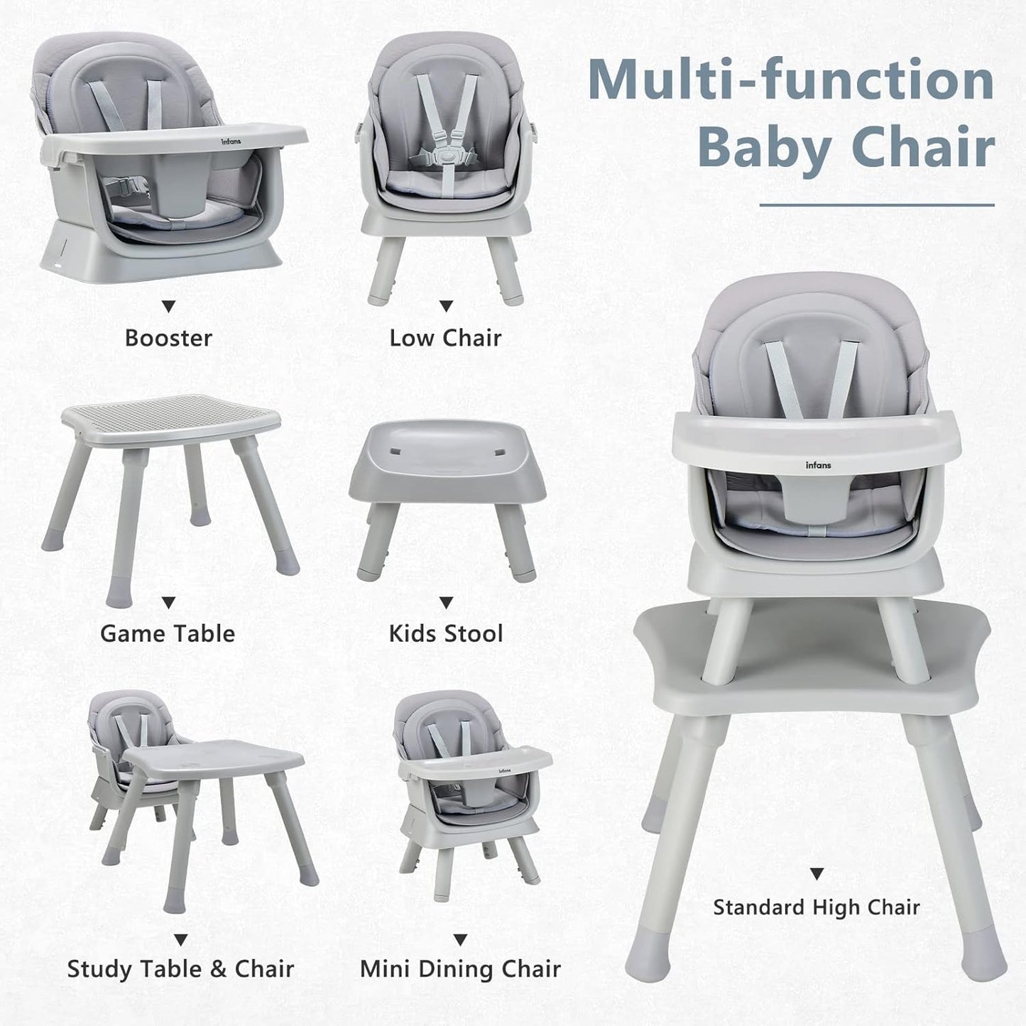 INFANS 8 in 1 Baby High Chair, Convertible Highchair for Babies and Toddlers, Infant Dining Booster Seat, Building Block Table, Kids Stool Table Chair Set with Removable Tray