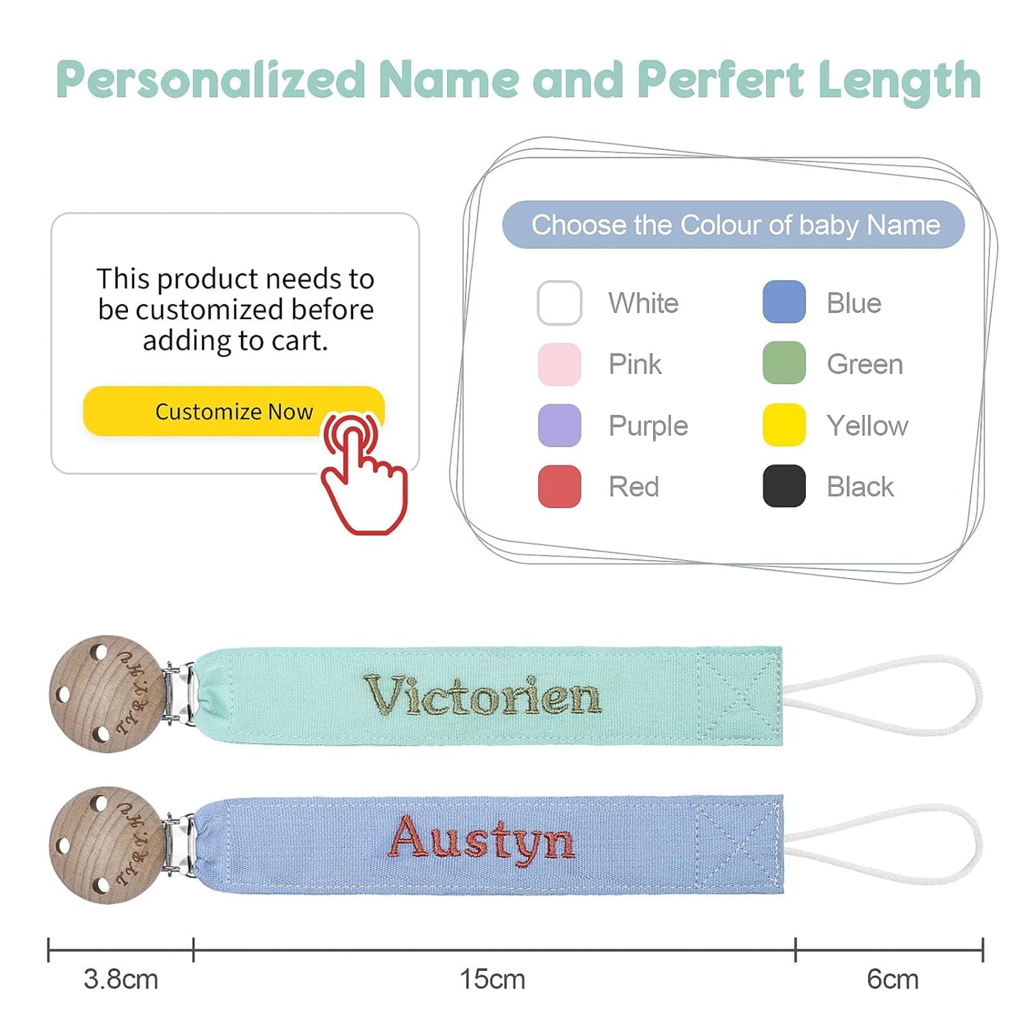 TYRY.HU Personalized Pacifier Clip with Name, Embroidery Webbing Pacifier Holder for Baby Girls and Boys, Neutral Binky Clips Universally Fit All Pacifiers & Baby Toys, Baby Gift, 2 Pack(Blue, Green)