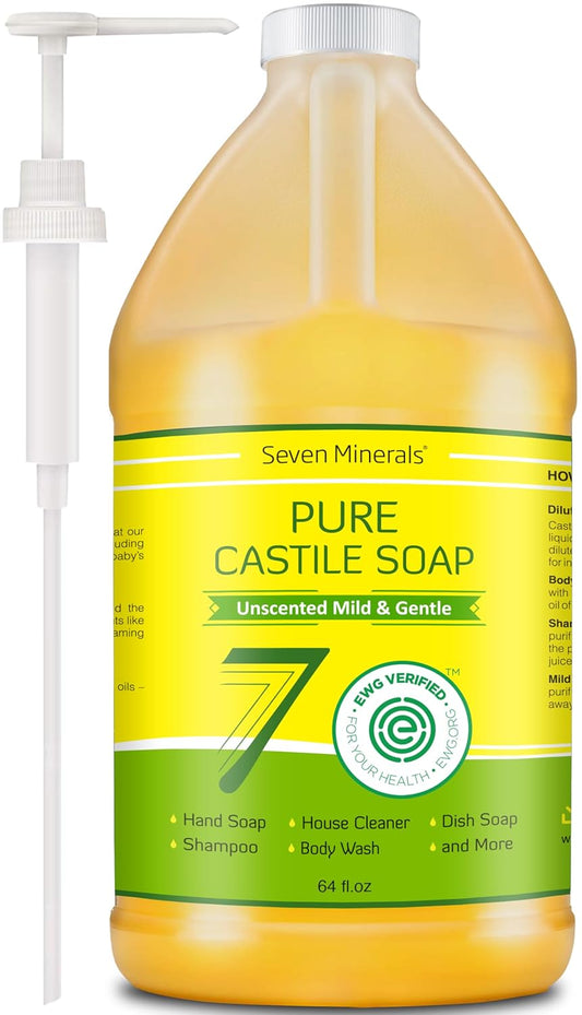 Pure Castile Soap - No Palm Oil, GMO-Free - Gentle Liquid Soap For Sensitive Skin & Baby Wash - All Natural Vegan Formula with Organic Carrier Oils (64 FL Oz, An Unscented)