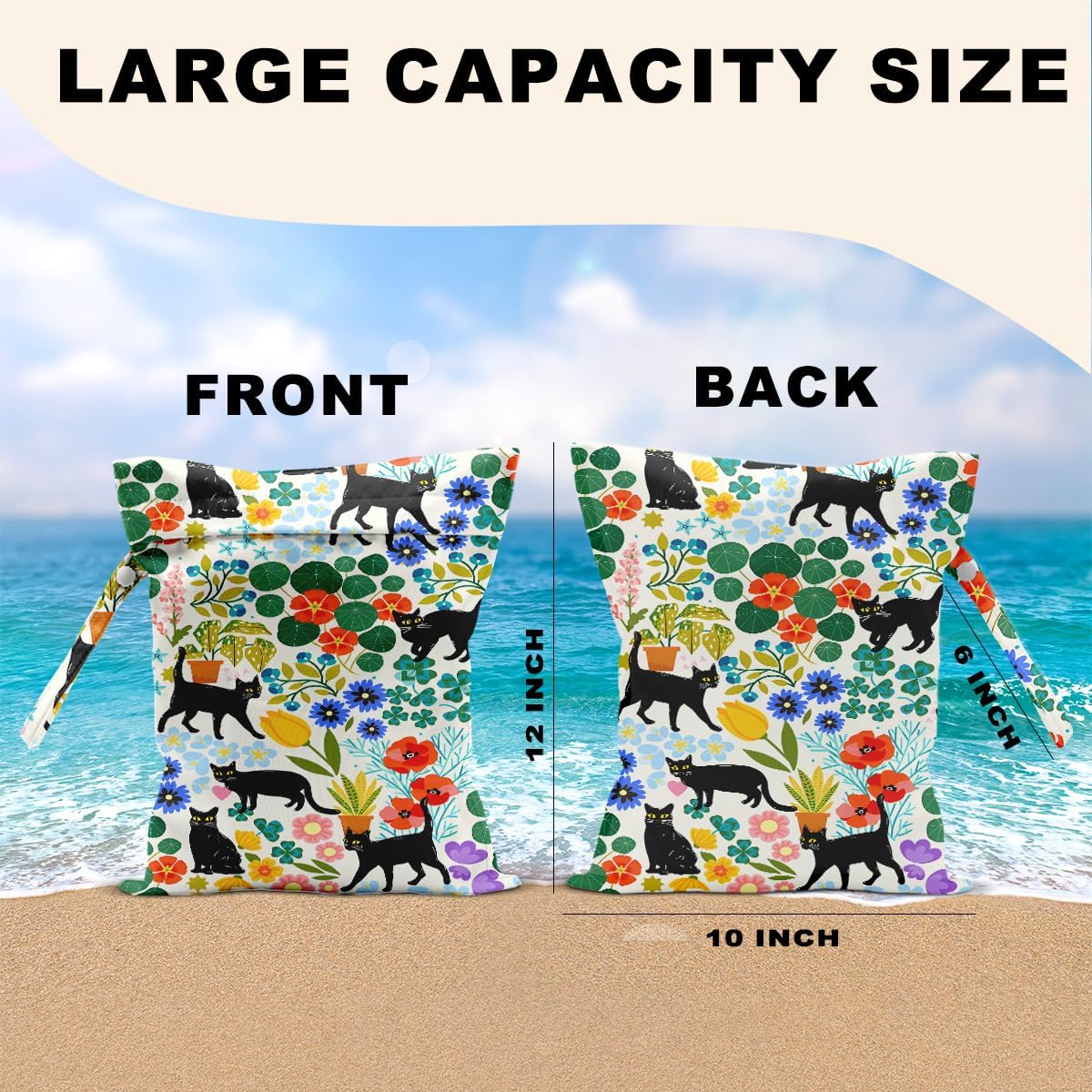 2Pcs Cat Wet Bags 12x10 Inch, Colorful Flowers Waterproof Travel Laundry Bags, Floral Reusable Wet Dry Bag for Swimsuit Pool Beach Diapers Dirty Yoga Gym Clothes, Cat Gifts for Women Friend Travelers