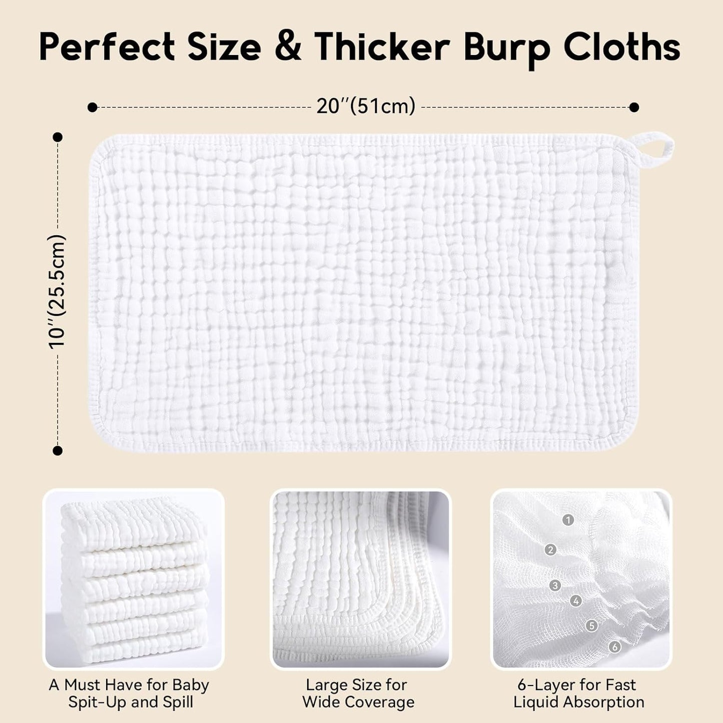 Muslin Burp Cloths for Baby 100% Cotton Burping Cloths for Boys Girls Large 20''X10'' Extra Soft and Absorbent 12 Pack - White