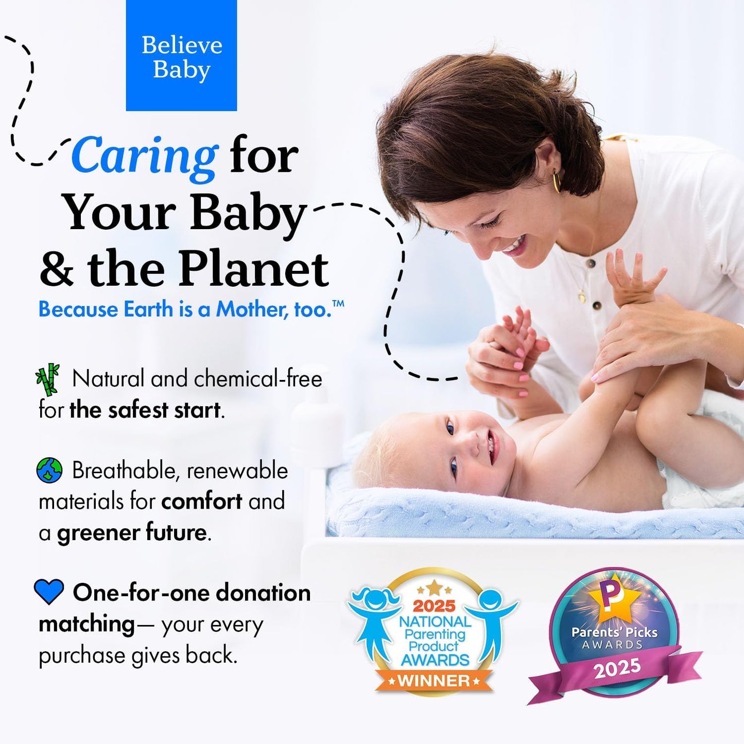 Believe Diapers Size 5 (>27 Lbs) Viscose Bamboo Diapers 25 Count – Natural Baby Diaper, Chemical Free and Fragrance Free Natural Diaper for Sensitive Skin, Super Absorbent with Leak Protection