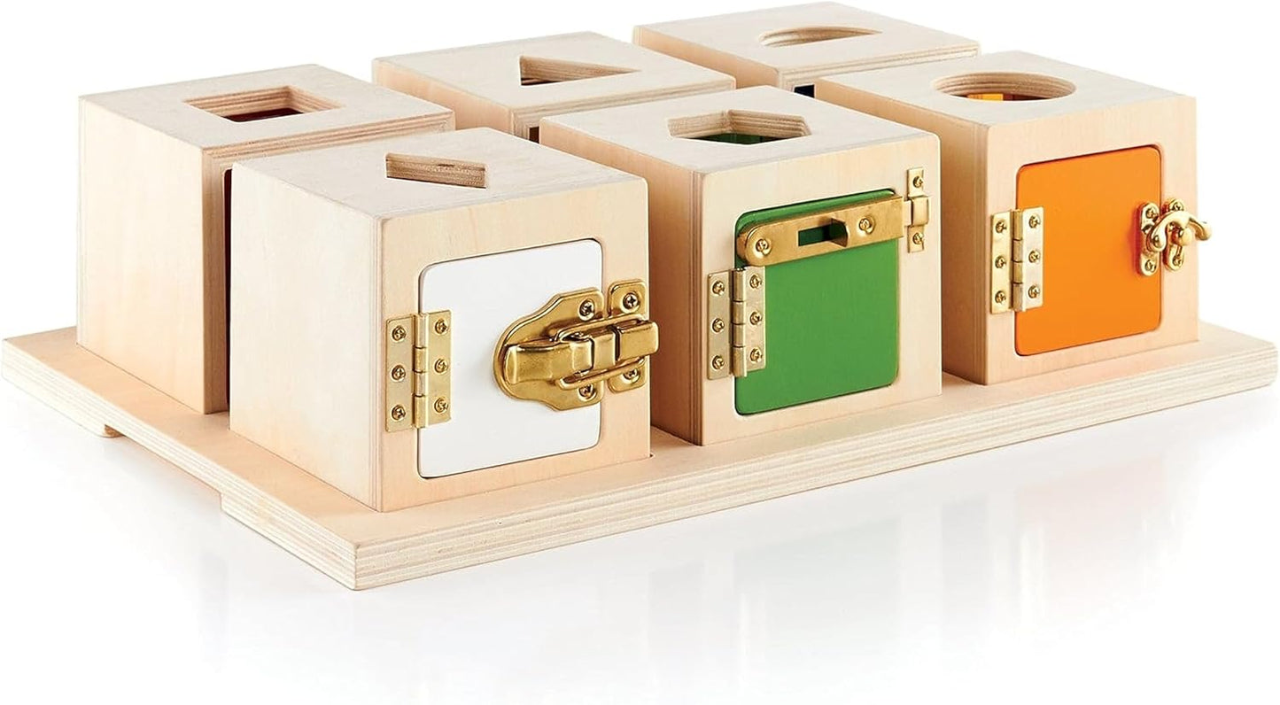 Guidecraft Peekaboo Lock Boxes with Storage Tray: Sorting & Stacking Toy for Children - Kids Early Learning , Multi-colored Wooden Educational Toddler Toy
