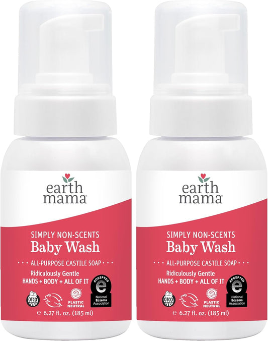 Earth Mama Simply Non-Scents Baby Wash Foaming Hand Soap, Organic Fragrance Free, Unscented Body Wash, Castile Soap with Coconut Oil, Shea Butter, Calendula, & Aloe, 6.27 fl oz (2-PK)