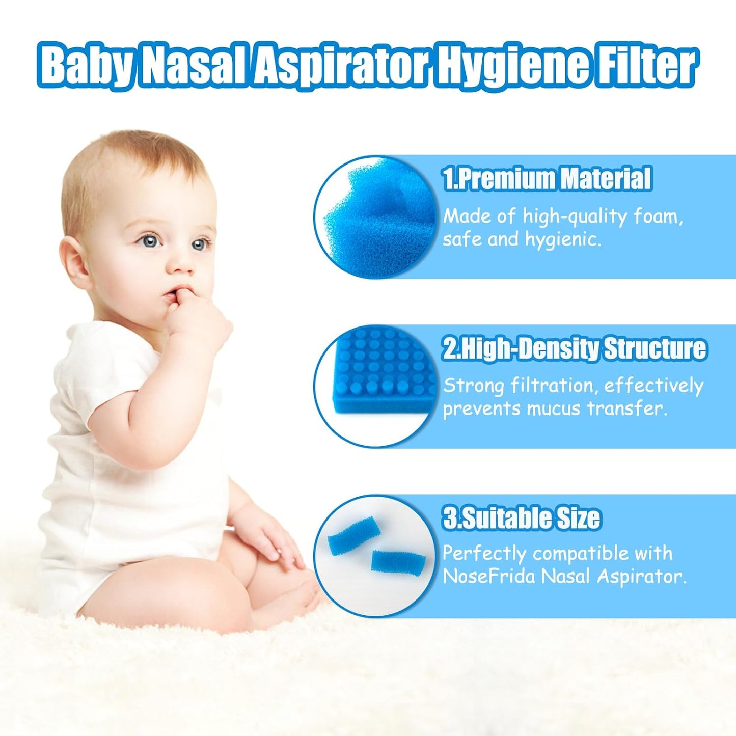 100-Pack of Premium Nasal Aspirator Hygiene Sponges, Replacement for Nosefrida Nasal Aspirator Filters, BPA, Phthalate & Latex-Free (100 Count +Tweezer)