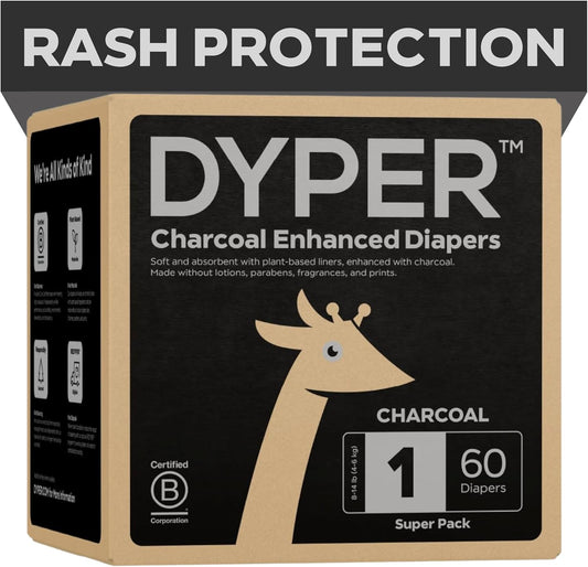 DYPER Charcoal Enhanced Diapers | Baby Diapers from Plant-Based* & Honest Materials | Day & Overnight Diapers | Disposable Diapers for Sensitive Skin (Size 1, 60, Count)