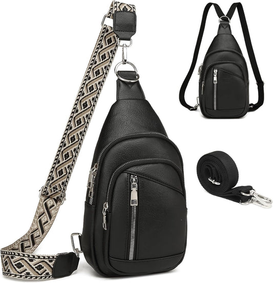 Sling Bag Crossbody Backpack - 2 in 1 Leather Cross Body Bag Fanny Pack with 2 Removable Straps