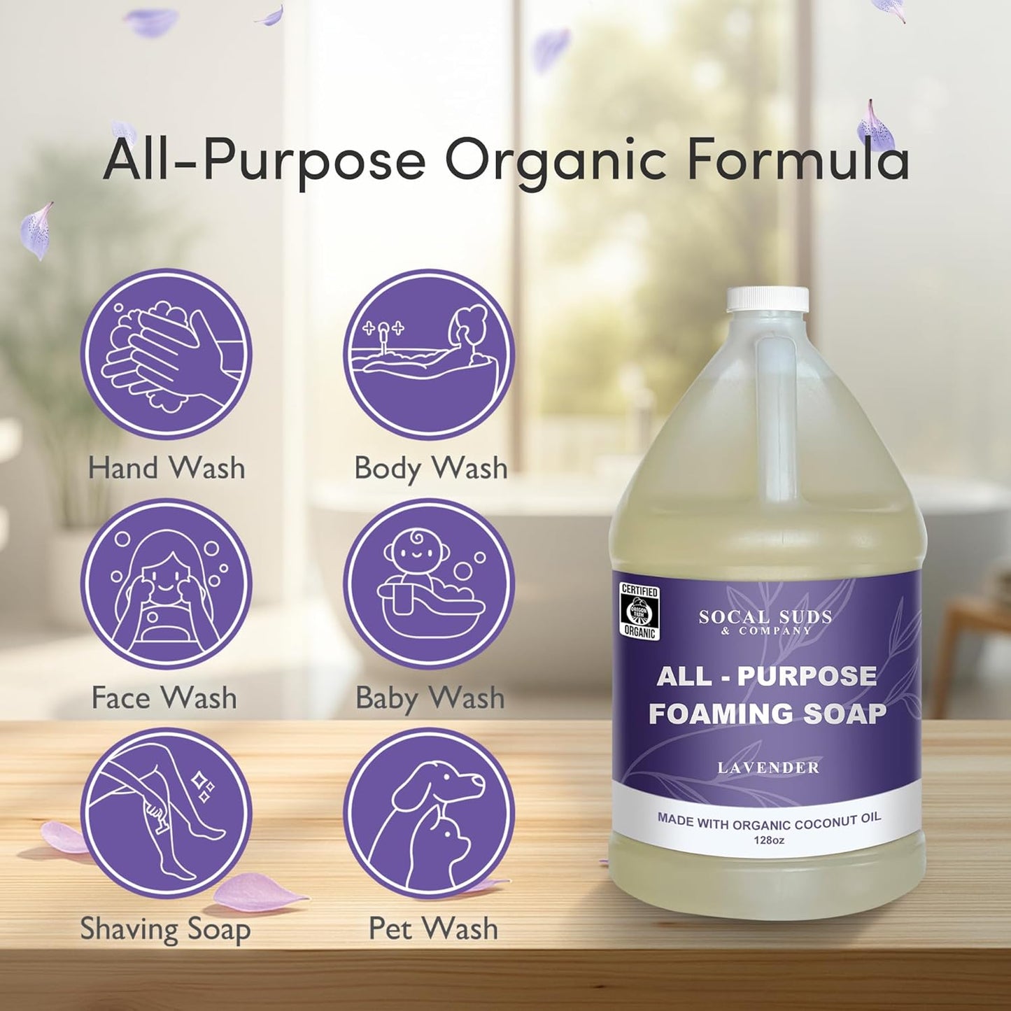 SoCal Suds & Company 128oz Certified Organic Foaming Hand & Body Wash - Gentle Natural Body,Baby & Face Wash for Sensitive Skin, Moisturizing Soap, Hand Soap and More - Lavender
