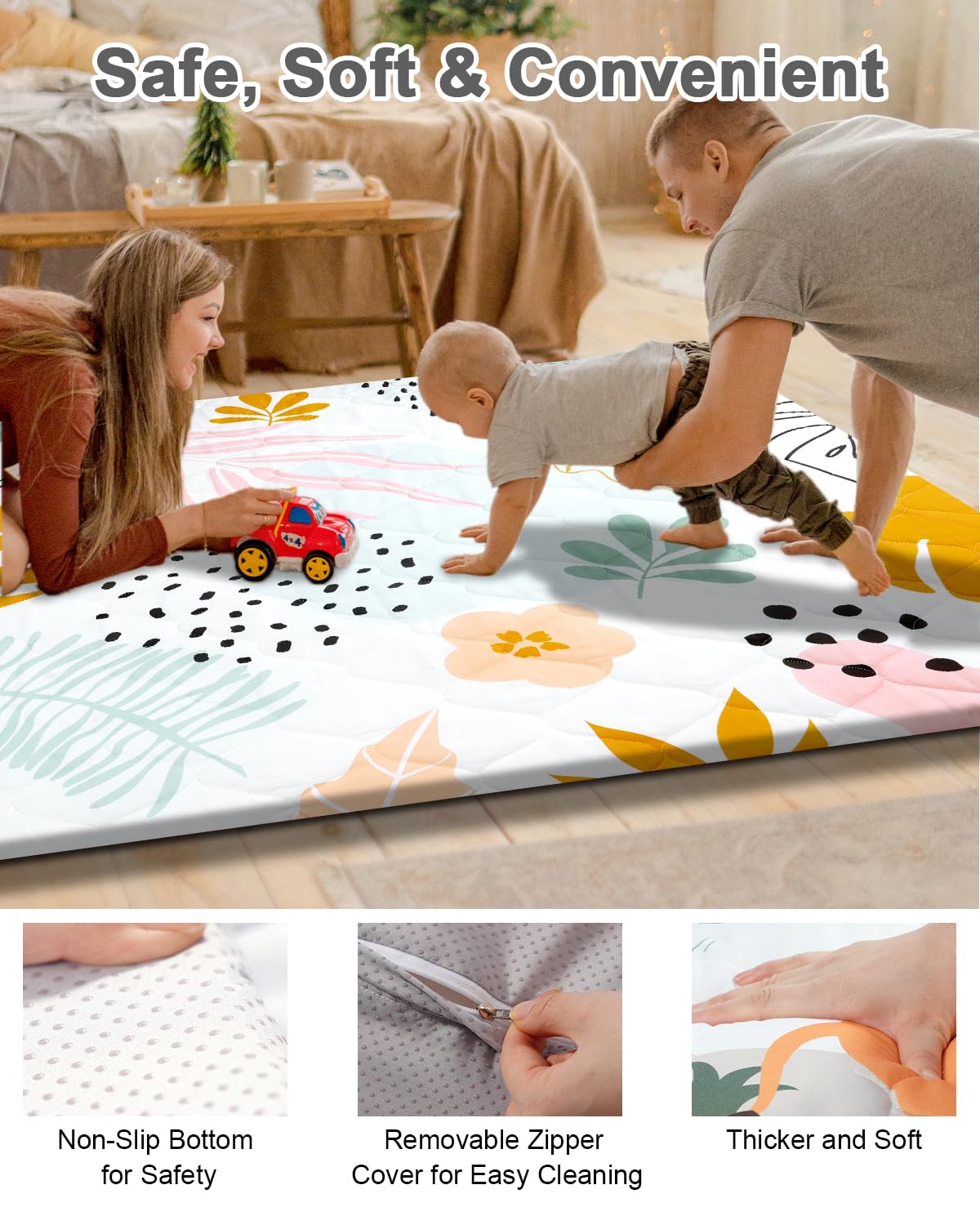 Premium Foam Baby Play Mat 71x59 – Removable & Machine Washable Cover, Extra Thick Padding Playpen Mat, Non-Slip Crawling Mat, Easy to Clean for Infants, Toddlers & Babies