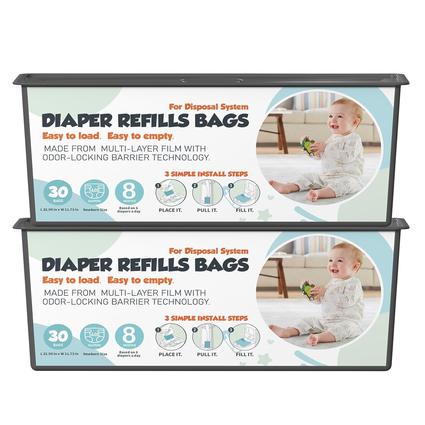 Diaper Pail Refills Bags with 30 Bags Compatible with Genie Easy Roll Signature and Platinum Diaper Pails, 7-Layer Odor-Barrier Technology, 2 Pack (60 Bag)