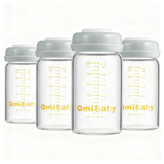 Glass Breastmilk Storage Bottles 180ml 6oz BPA-Free Leak-Proof Natural Baby Bottle for Breastmilk Storage Wide Neck Bottles with Screw Ring Sealing Disk Breastfeeding (Grey, 180ml-4Packs)