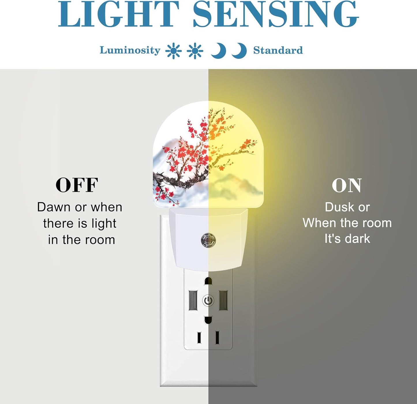 Plug in Night Lights Oriental Cherry Tree Ink Painting Nightlight Plug Into Wall Dusk to Dawn Sensor LED Night Light for Kid Girls Boys Room Decor,Hallway,Kitchen,Bathroom,Nursery,Stairs