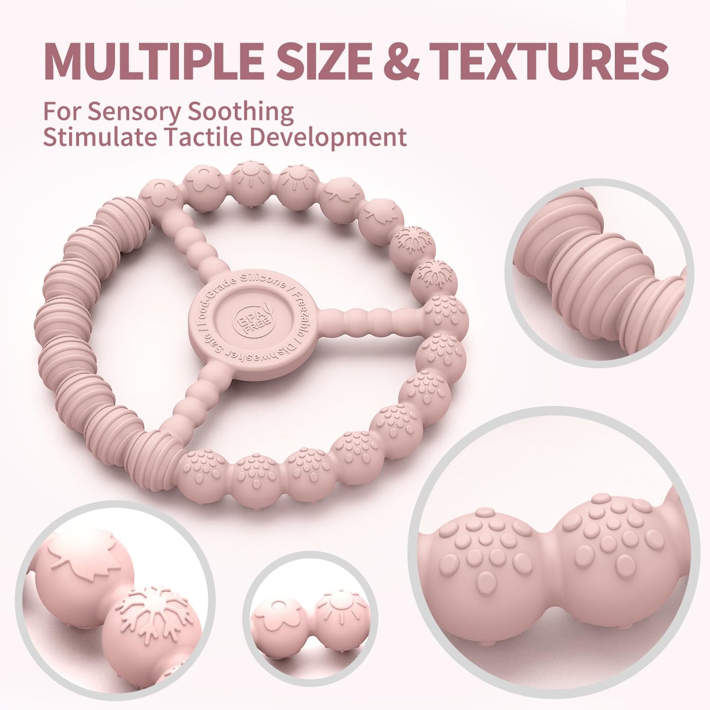 Teething Rings for Babies 0-6 Months, 3 Pack Silicone Teether Toys 6-12 Months, Freezable & Durable Chew Ring for 3-6 Months Boys Girls Teething Relief, Infant Essential Gifts (Sandy Rose Pink)