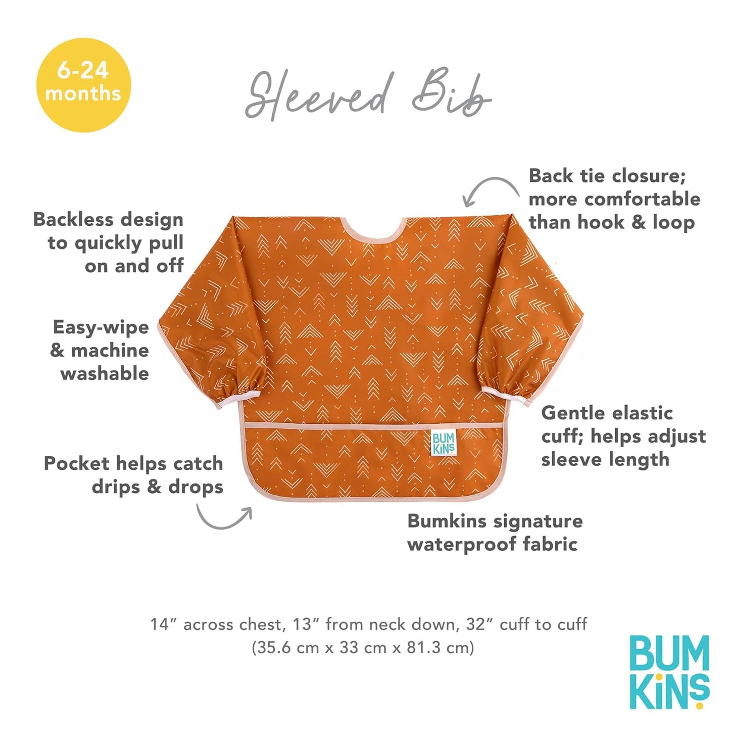 Bumkins Sleeved Bib for Girl or Boy, Baby and Toddler for 6-24 Mos, Essential Must Have for Eating, Feeding, Baby Led Weaning Supplies, Long Sleeve Mess Saving Food Catcher, Soft Fabric, Boho Orange