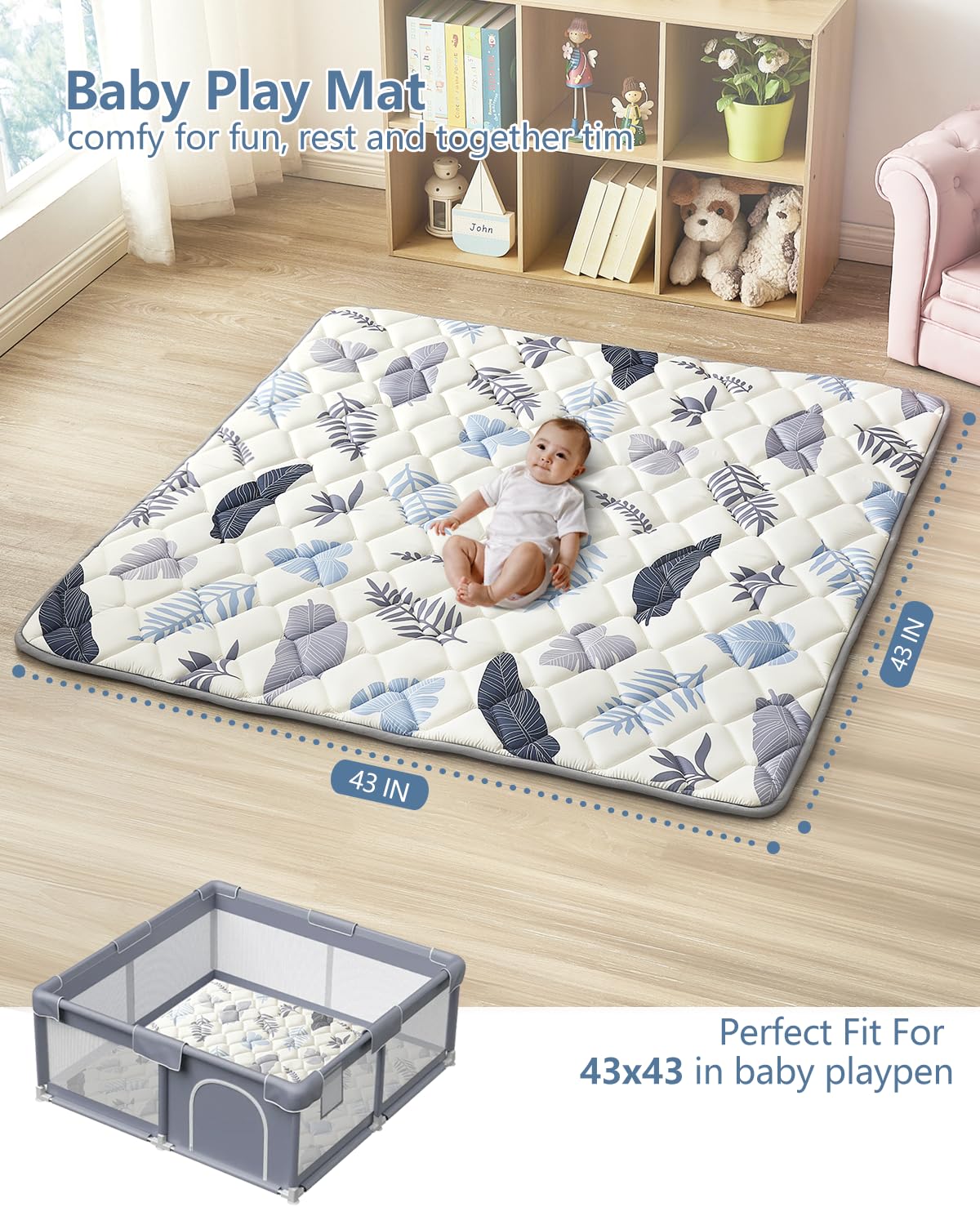 Baby Play Mat, Non-Slip Baby Mat for Floor, Soft Thicker Playpen Mat, Portable Playmat, Crawling Mat for Babies, Toddlers & Infants to Play and Learn（ 43"x43"）