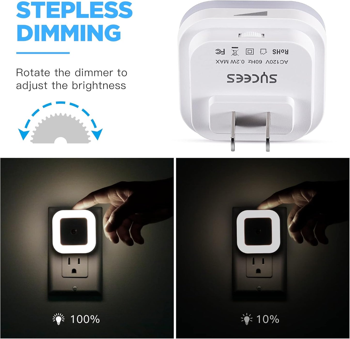 Dimmable LED Night Light with Dusk-to-Dawn Sensor for Nursery, Kids Room, Bedroom, Hallway, Stairs, Bathroom, Kitchen, Daylight White, Pack of 4