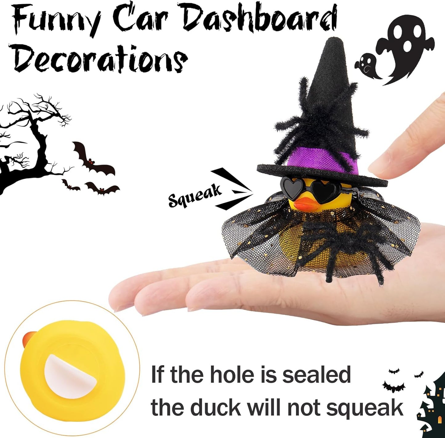 wonuu Car Dashboard Spider Witch Rubber Ducks for Halloween, Decorations Duck for Office Desk Ornament Accessories with Hat Glasses Skirt, for Halloween Party Gifts (Gold Point Skirt Black)