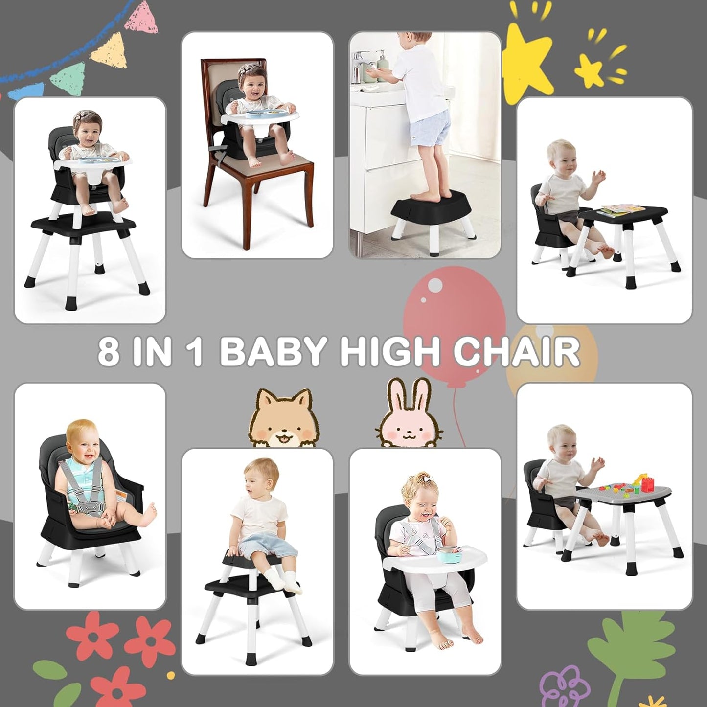 Baby High Chair, 8 in 1 Convertible Highchairs for Babies and Toddlers, Children Dining Booster Seat/Kids Building Block Table for Girls Boys, Baby Seat with Removable Tray, Grey