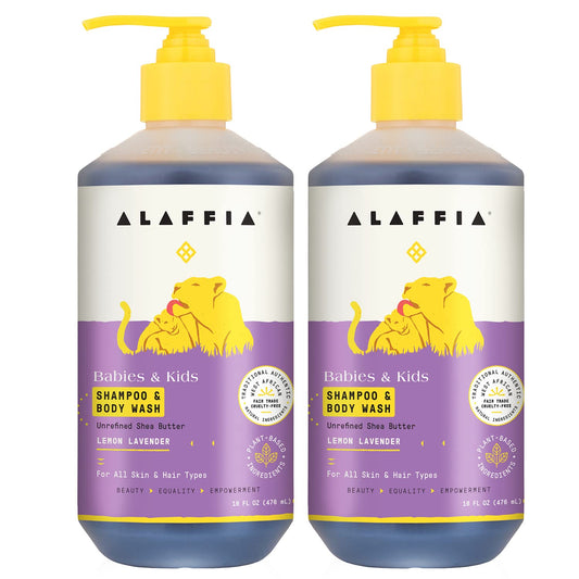 AAlaffia Babies and Kids Shampoo and Body Wash, Gentle and Calming Support for Soft Hair and Skin with Shea Butter, Neem, and Coconut Oil, Fair Trade, Lemon Lavender 2 Pack – 16 Fl Oz Ea