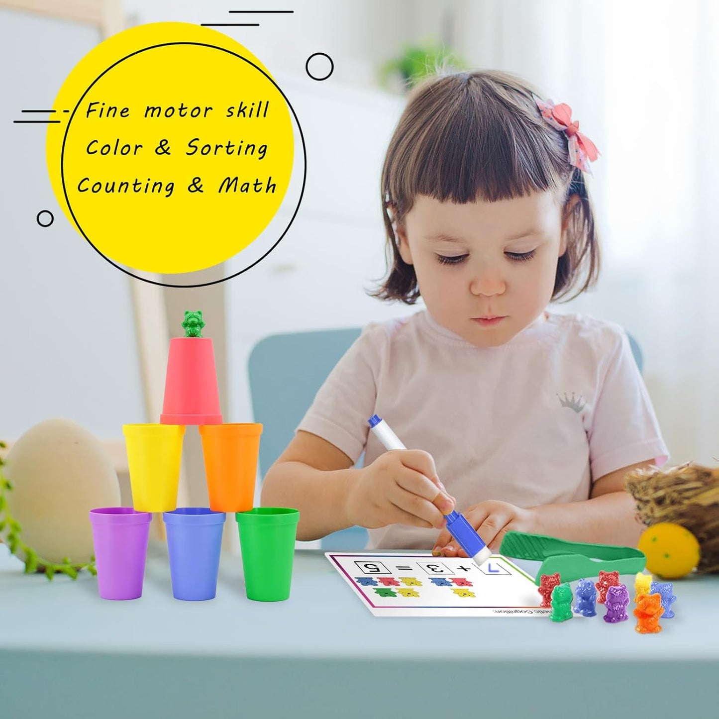 Bmag Counting Bears with Matching Sorting Cups, Preschool Math Learning Game with 24 Big and Little Bears, STEM Educational Learning Activities for Kids Age 3-5
