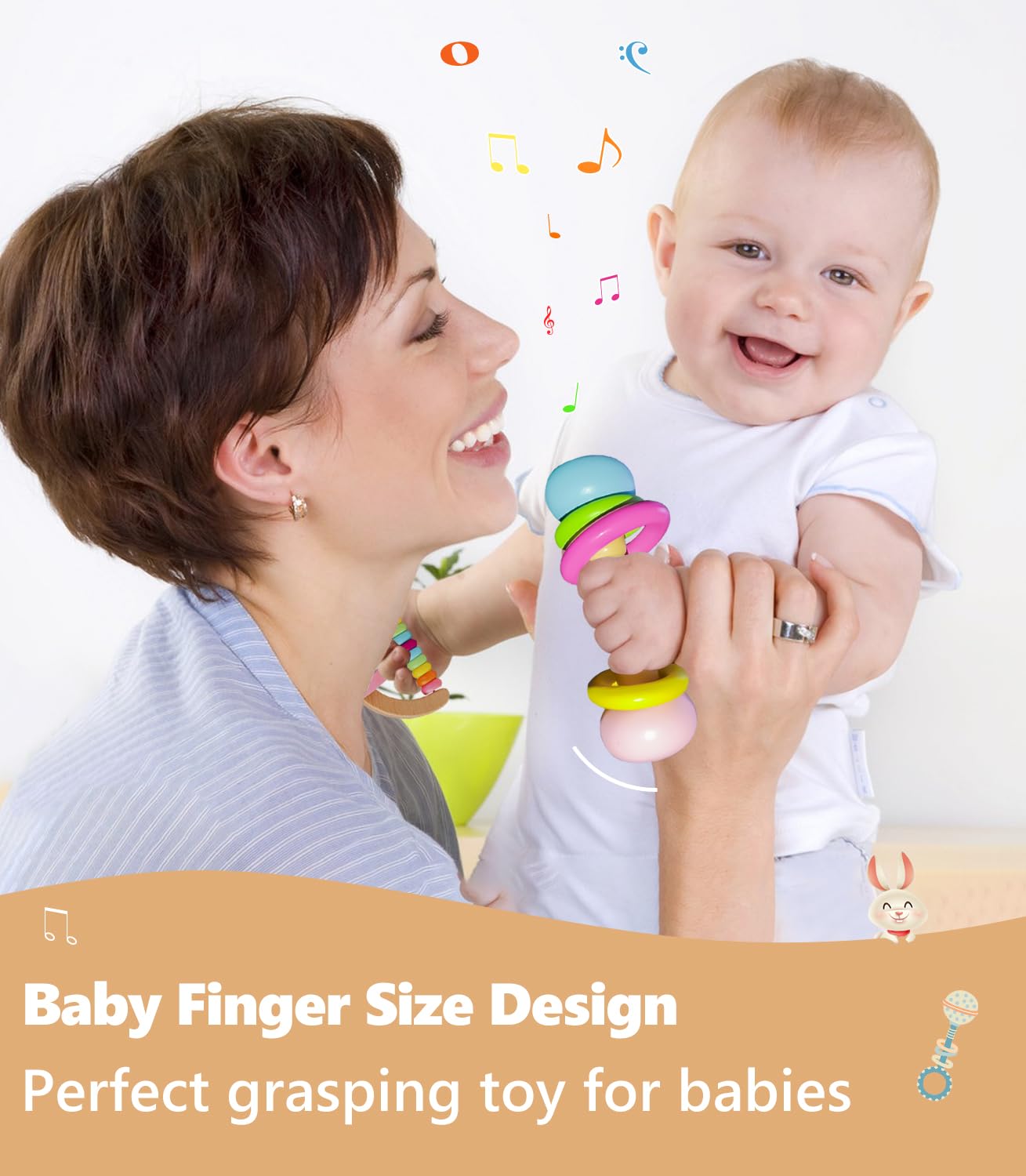 6 PCS Wooden Baby Rattle, Organic Colorful Baby Hand Rattles Set, Wood Rattles for Babies 0-6-12 Months, Wooden Teether Crochet Rattle Toy for Newborn Infant, Montessori Toys for Babies 0-6 Months