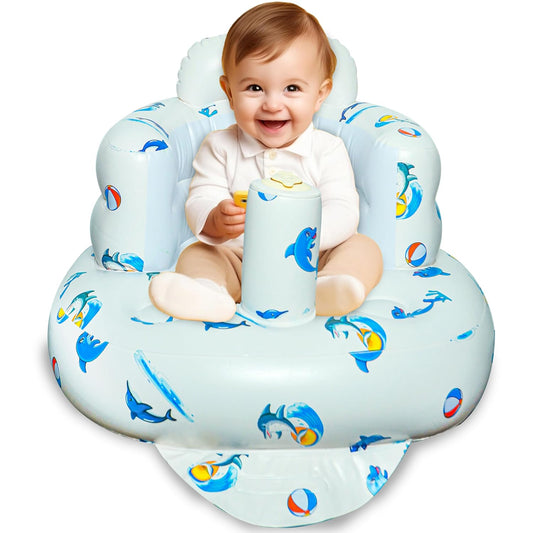 Inflatable Baby Seat for Babies 3-36 Months Blow Up Chair for Babies Infants Toddler Floor Sitting Up with Built in Air Pump (White, Dolphin)