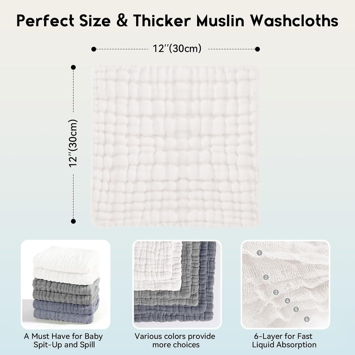 Muslin Baby Washcloths 6 Pack, 100% Cotton Wash Cloths for Babies, Large 12''X12'' Burp Cloths Absorbent and Soft for Newborn Infants Kids Boys Girls - White Gray