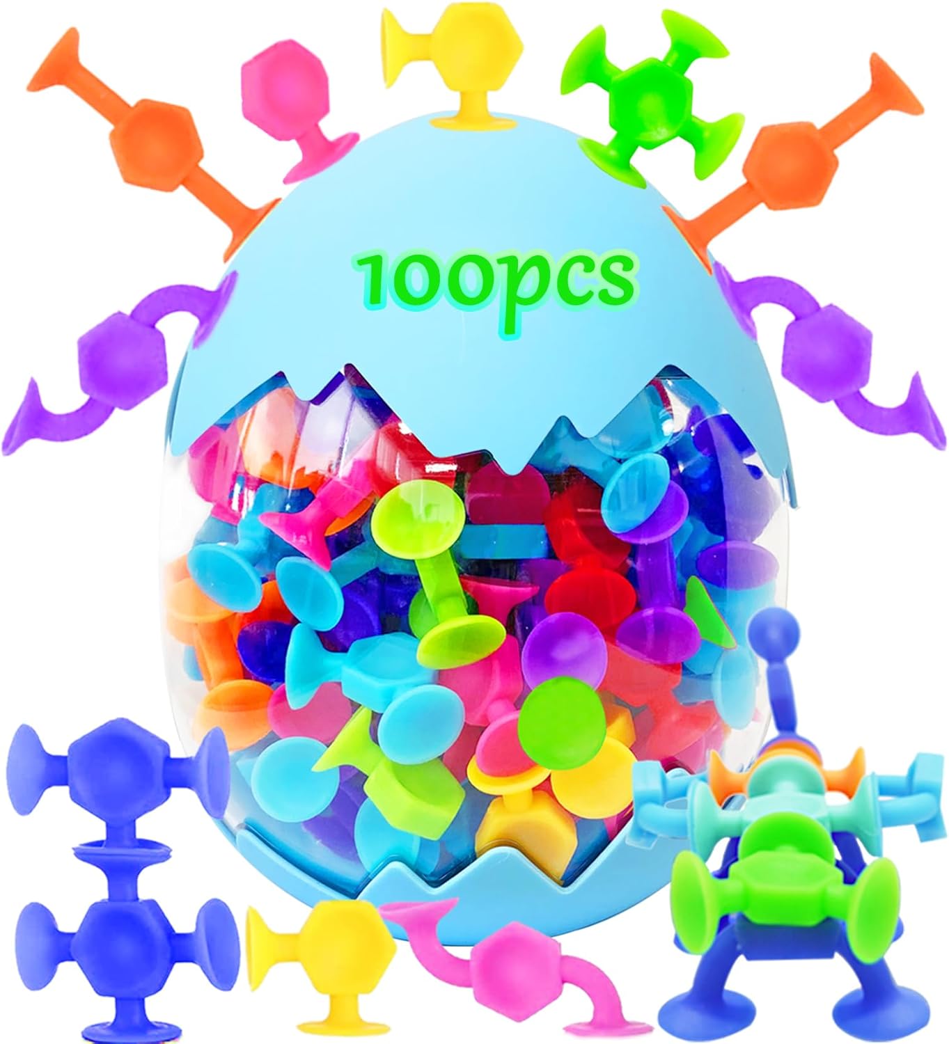 100pcs Suction Bath Toys for Baby Kids, Bath Toy Silicone Construction Building Blocks Montessori Sensory Toy for 3 4 5 6 7 8 Years Old Toddlers Boys Girls with Egg Storage…