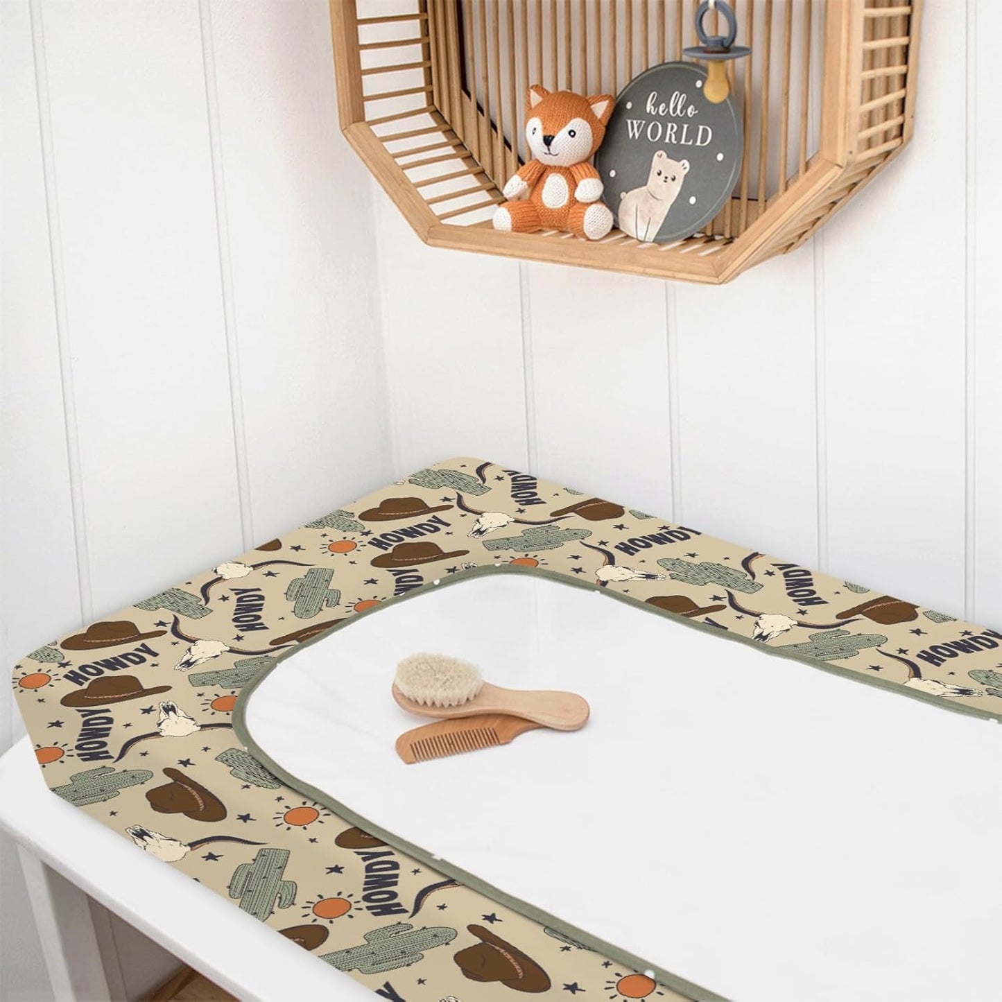 Western Cowboy Howdy Hat Cactus Changing Pad Cover for Baby Boys, Boho Wild West Cow Lover Sun Star Diaper Change Table Covers, Soft Stretchy Safe Snug Fitted Changing Mat Sheets Fit 32"/34" x 16"