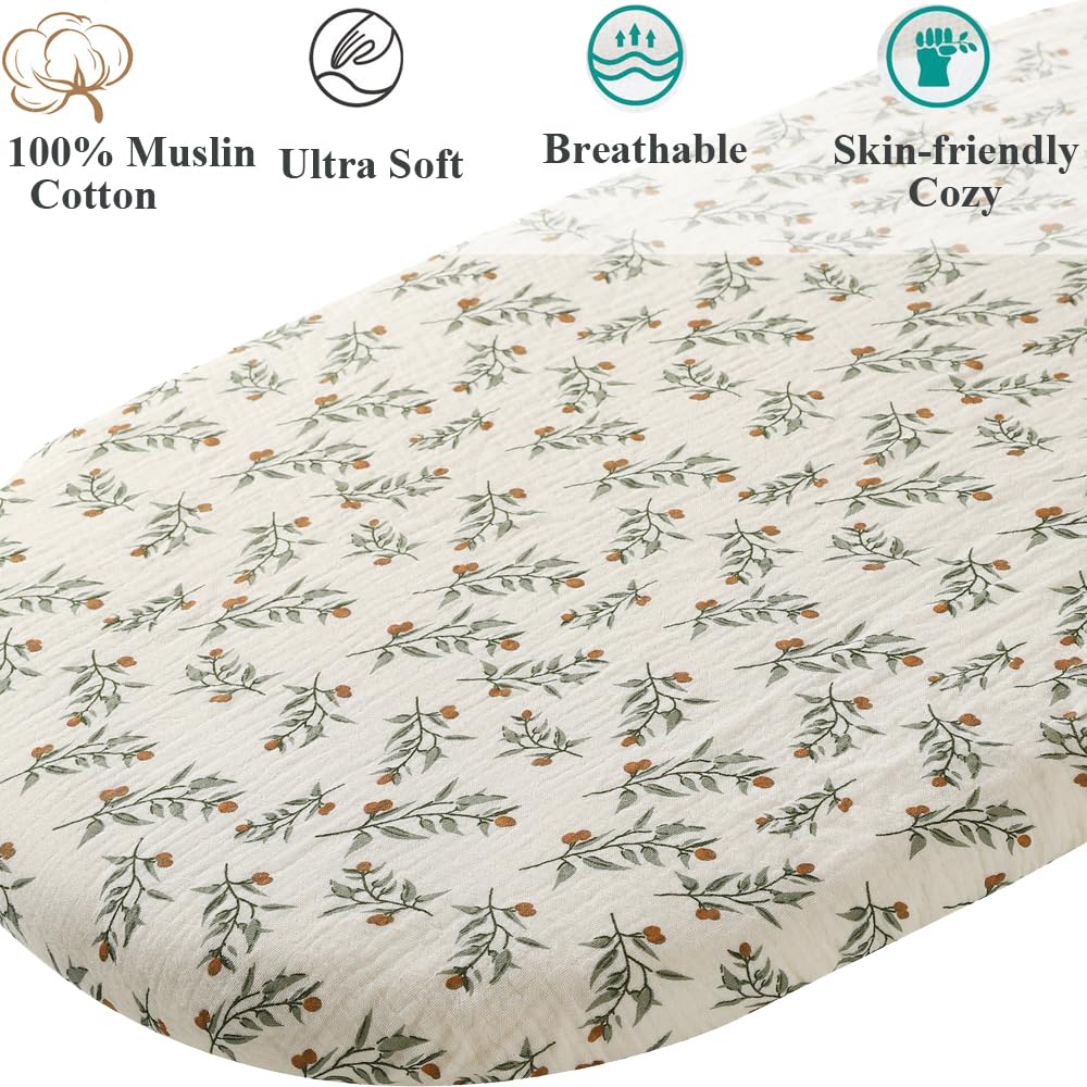 Muslin Bassinet Sheet Compatible with 4moms Mamaroo Sleep Bassinet, 2 Pack Cotton Stylish Boho Fitted Bassinet Sheets Soft for Baby Roman Green & Botanical Leaf