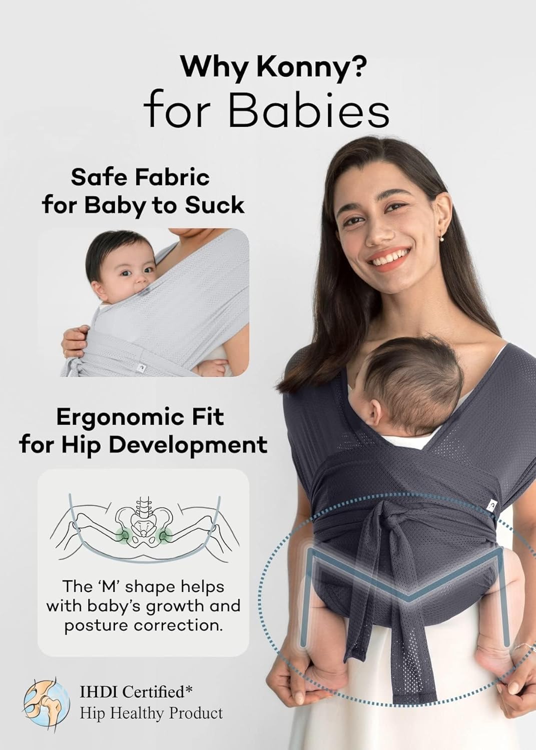 Konny Baby Carrier Flex AirMesh with Head Support- Adjustable, Easy to Wear Baby Wrap Sling, Perfect for Newborn Babies Essentials up to 44 lbs (M-4XL) - Pale Pink