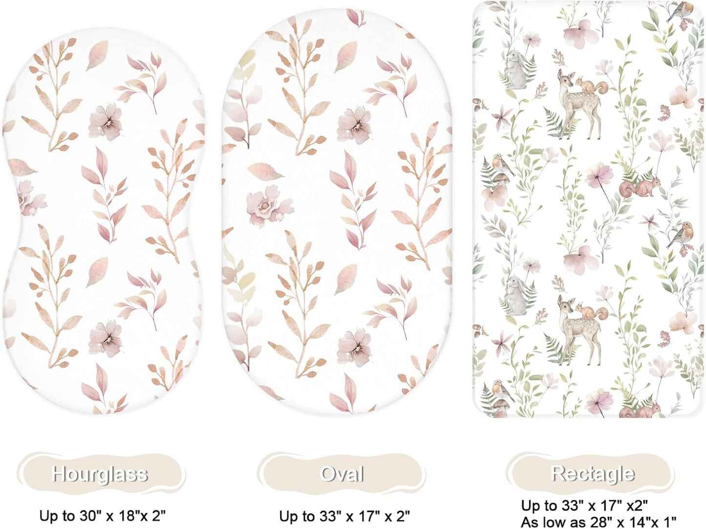 Bassinet Sheets for Baby Girls Boys 2 Pack, Fitted Baby Mattress Sheet for Rectangle, Oval, Hourglass Bassinet Mattress, Breathable Cozy & Universal Fit (Floral Fawn)