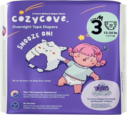 Cozycove Size 3 Diapers, Snooze On Slim Overnight Tape Diapers, Size 3 (13-24 lbs), 1 Pack of 20 Count
