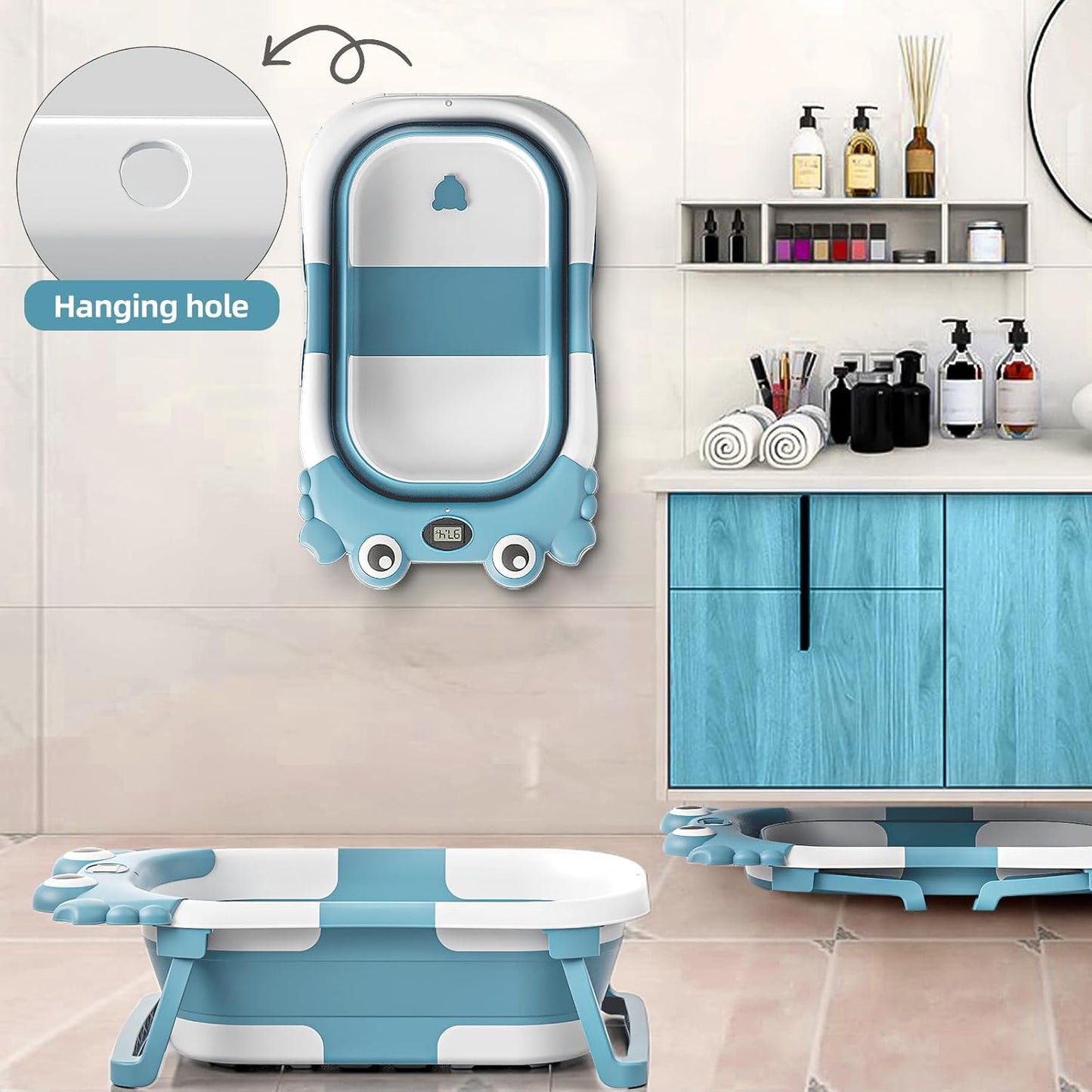 Collapsible Baby Bathtub for Newborns to Toddler with Real-time Temp Monitor & Floating Cushion,Portable Travel Tub for 0-36 Month, Foldable Baby Bath Tub for Infants Boy (Light Blue)