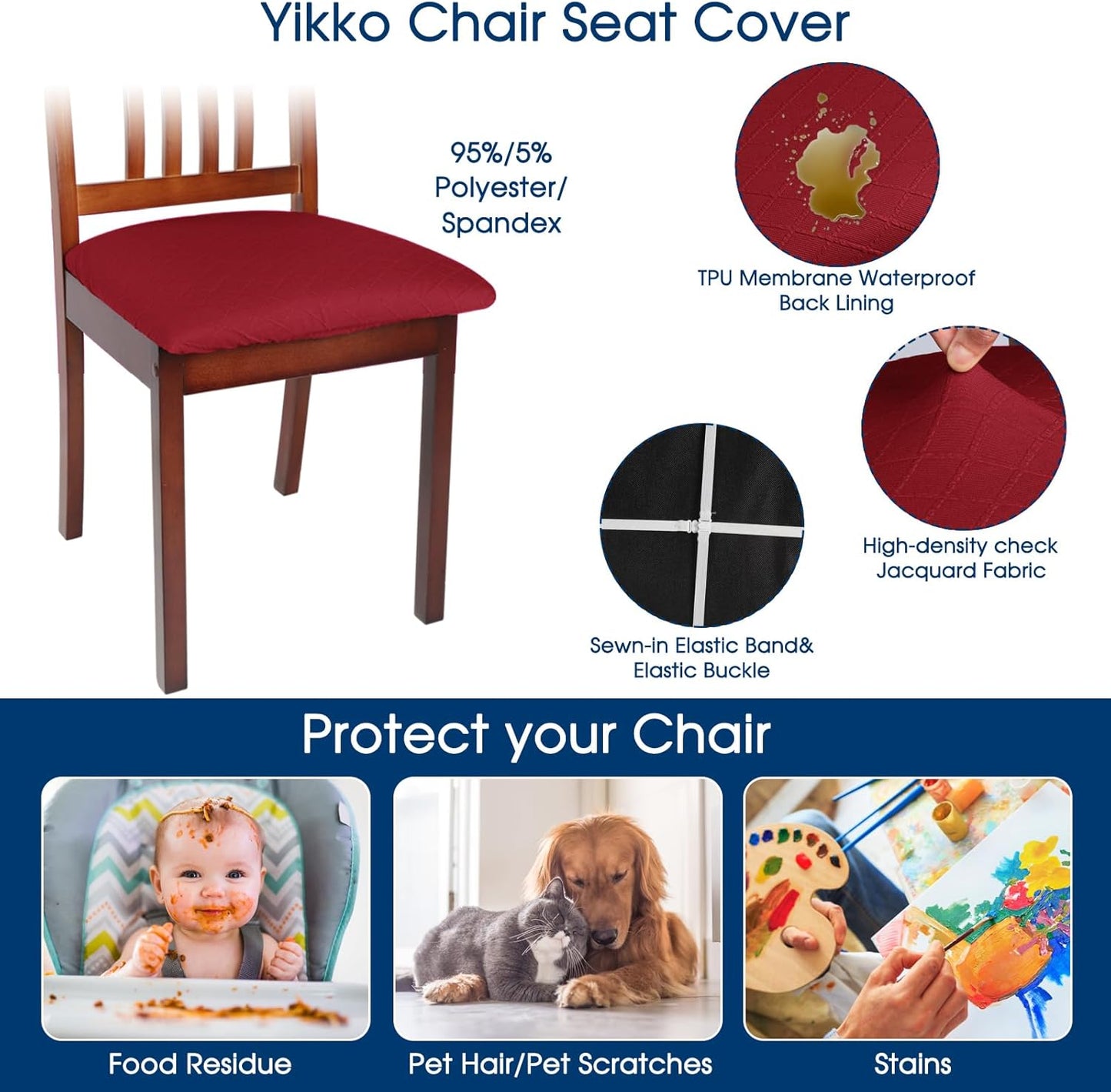 Yikko Chair Seat Covers, High-Density Check Jacquard Ekedalen Seat Covers for Dining Kitchen Restaurant Banquet, Stretch Removable Washable Chair Seat Cushion Protector (6, Wine Red)